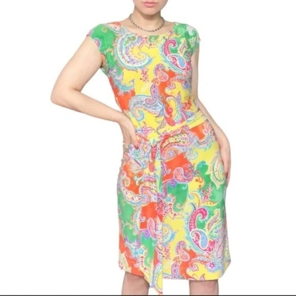 LAUREN RALPH LAUREN Multicolor Paisley Knit‎ Belted Sheath Dress size Medium - Picture 2 of 13